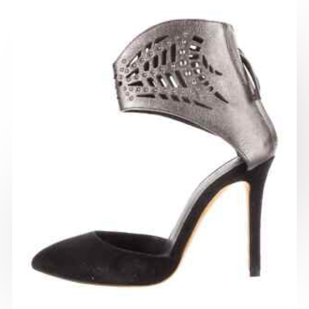 IRO Sehath Metallic Silver Black Laser Cut Studded Stiletto Heels Ankle Cuff 40
